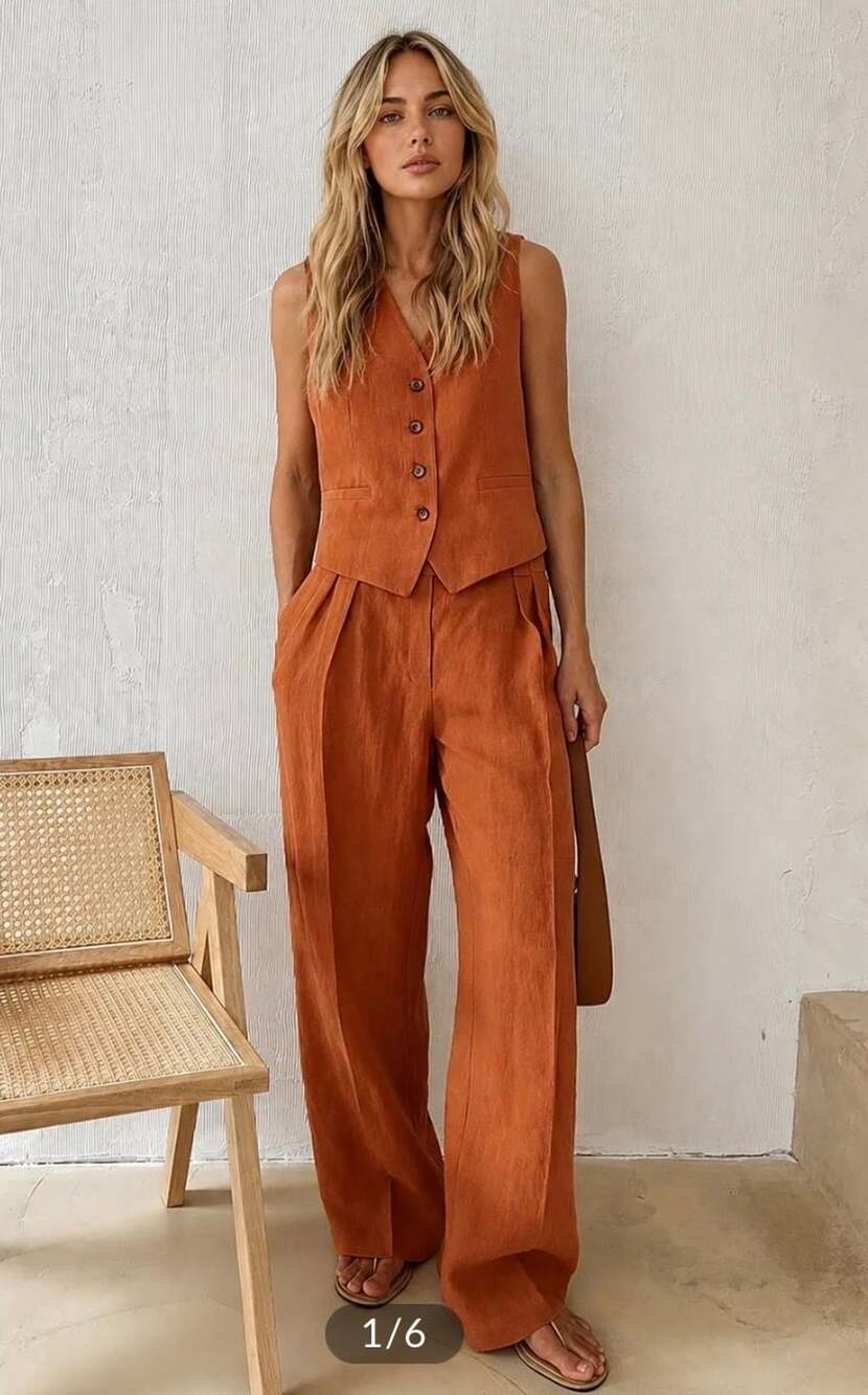 Commense Linen Blend Button-Down Vest And Wide-Leg Pants Set Sz Lg